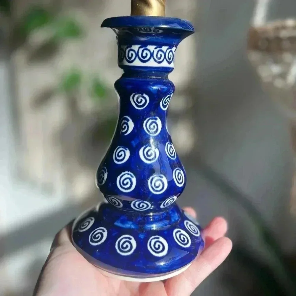 5” Polish Pottery Candlestick Holder - Handcrafted Blue Spiral Design